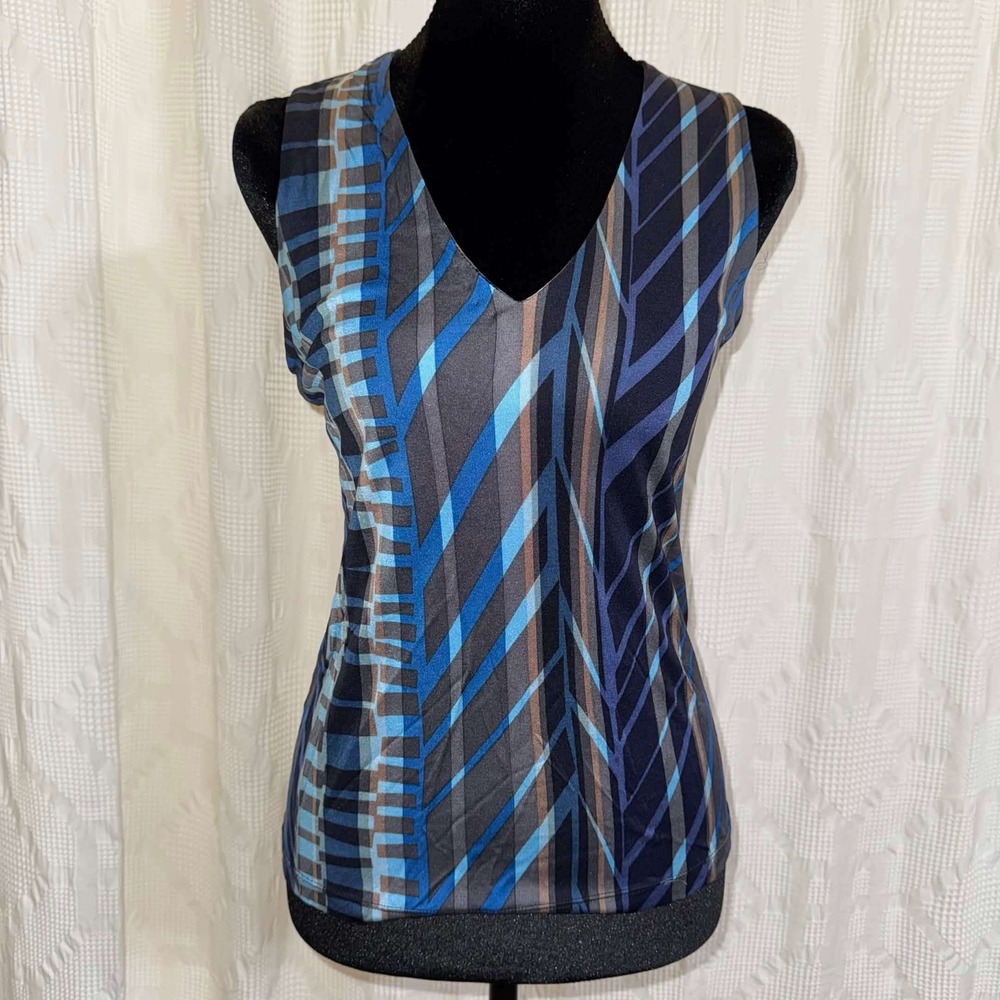 DKNY 100% Silk Tank Top Blue Grey Geometric Abstract Print V-Neck Small Y2K Chic